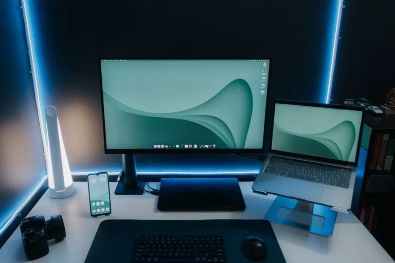Clean organized workspace with wireless mouse tablet stand and charging hub