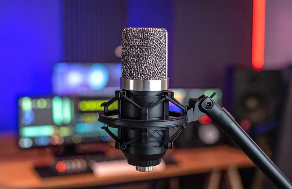 Close-up of a condenser microphone mounted on a boom arm in a modern home recording studio