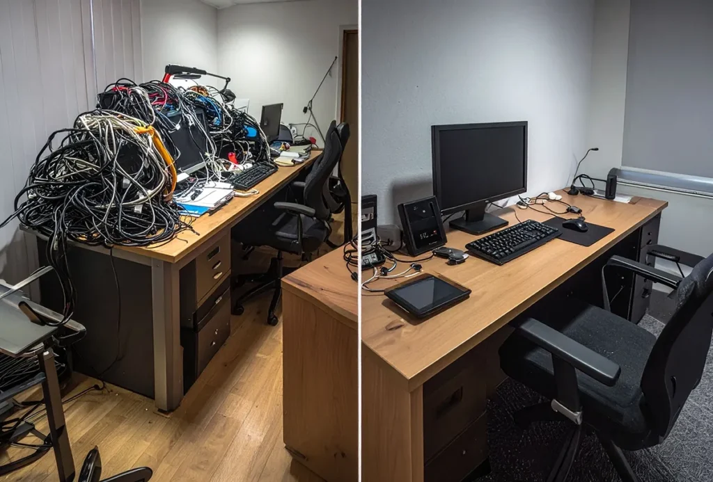 Cluttered desk compared to an organized productive workspace