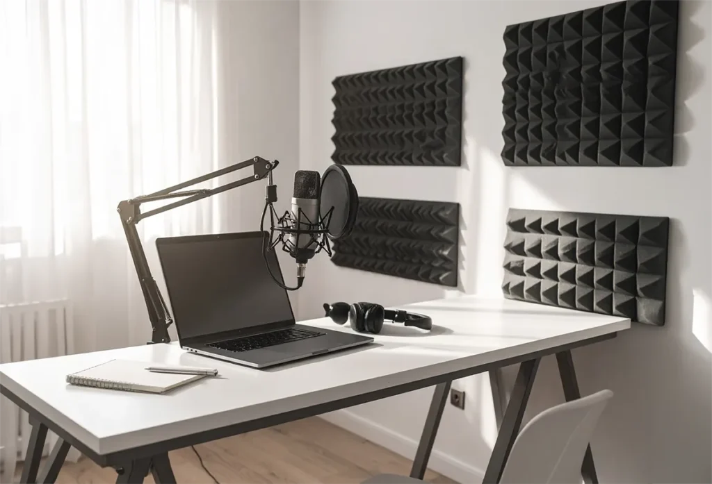Minimalist home recording workspace with condenser microphone, laptop, headphones, notebook, clean desk, acoustic foam background