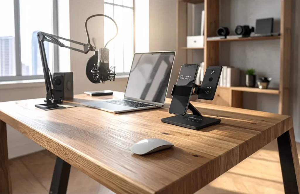 Affordable content creator desk setup with smartphone microphone and workspace accessories