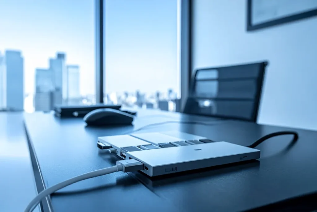 Organized desk cable management with charging hub and cable organizers