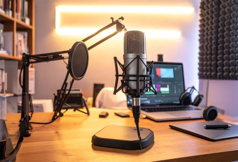 Beginner home recording studio with condenser microphone laptop and organized workspace