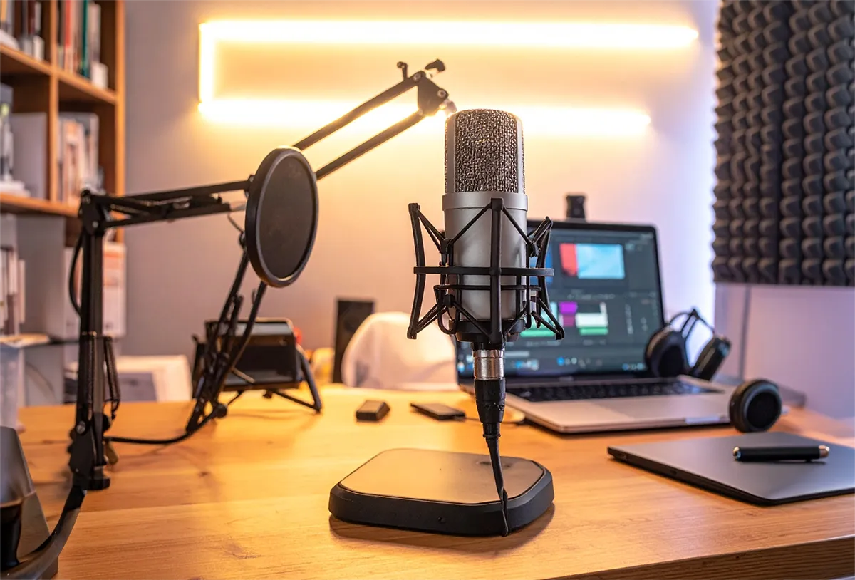 Beginner home recording studio with condenser microphone laptop and organized workspace