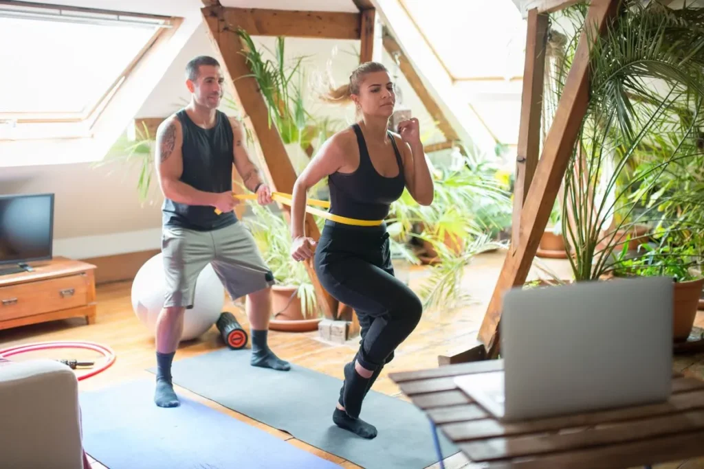 Home workout setup with resistance bands yoga mat and fitness accessories