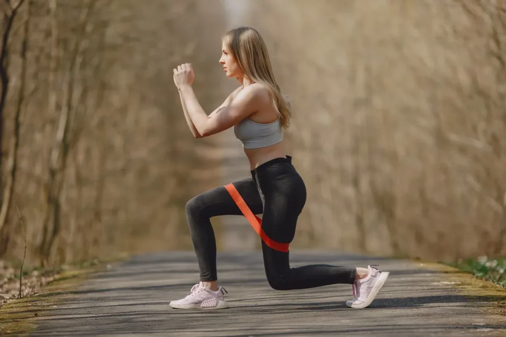Beginner using resistance bands for home strength training