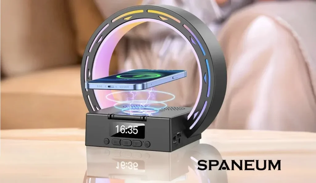 Wireless charging pad with speaker and clock for workspace productivity